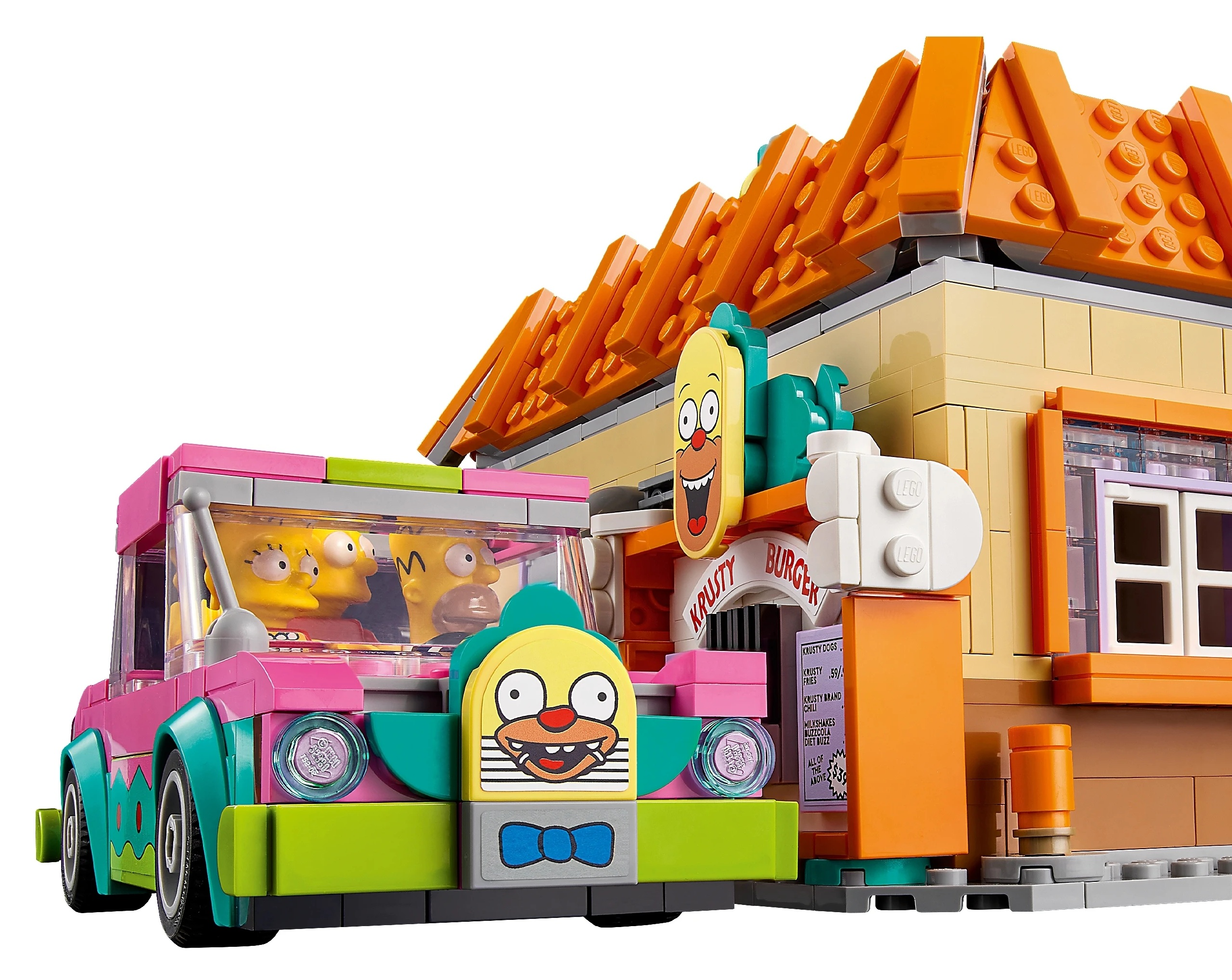 Rekreacja Lego Krusty Burger z samochodem i figurkami.