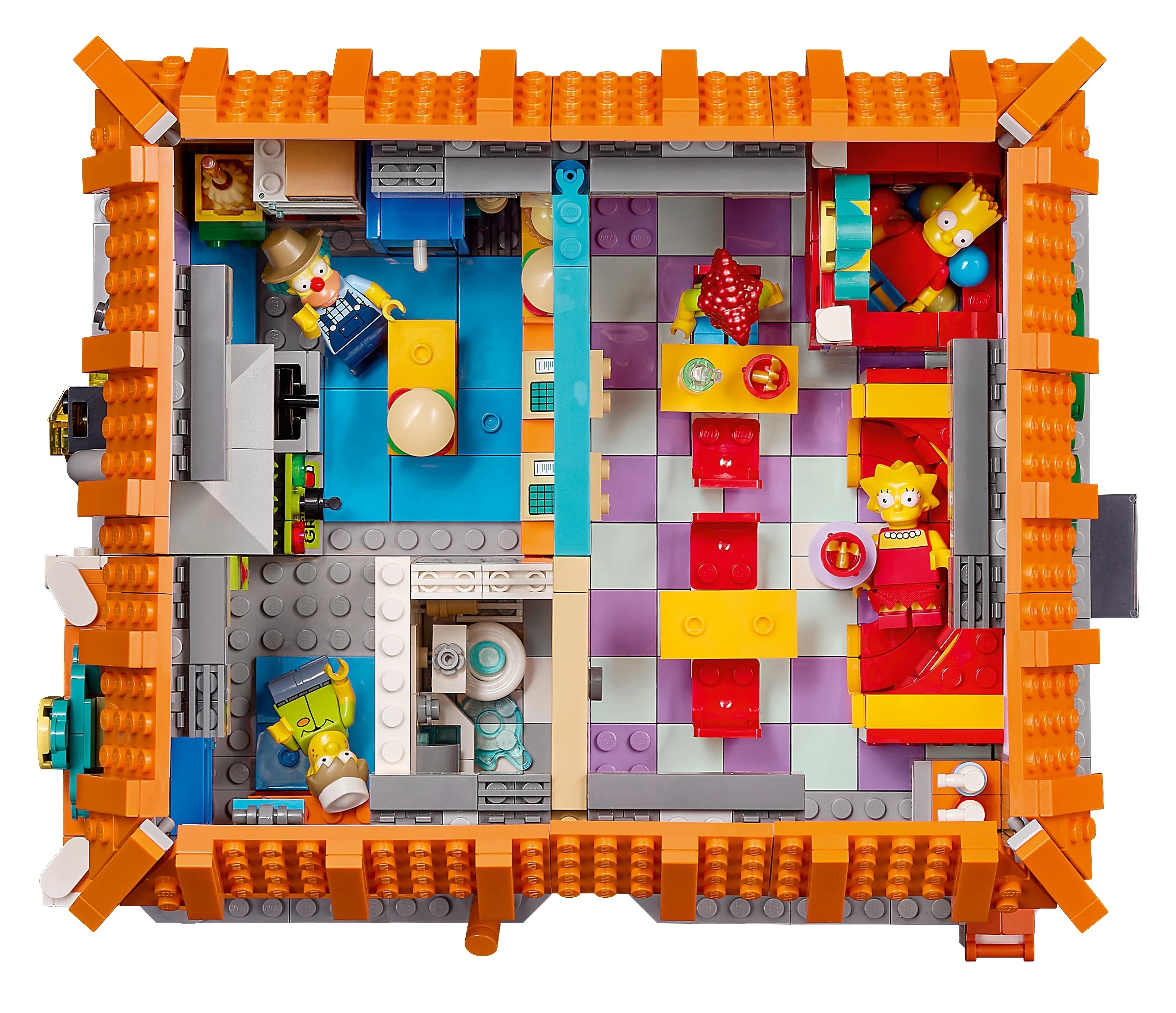 Rekonstrukcja domu Simpsonów z klocków Lego, z postaciami jak Homer, Bart i Lisa.