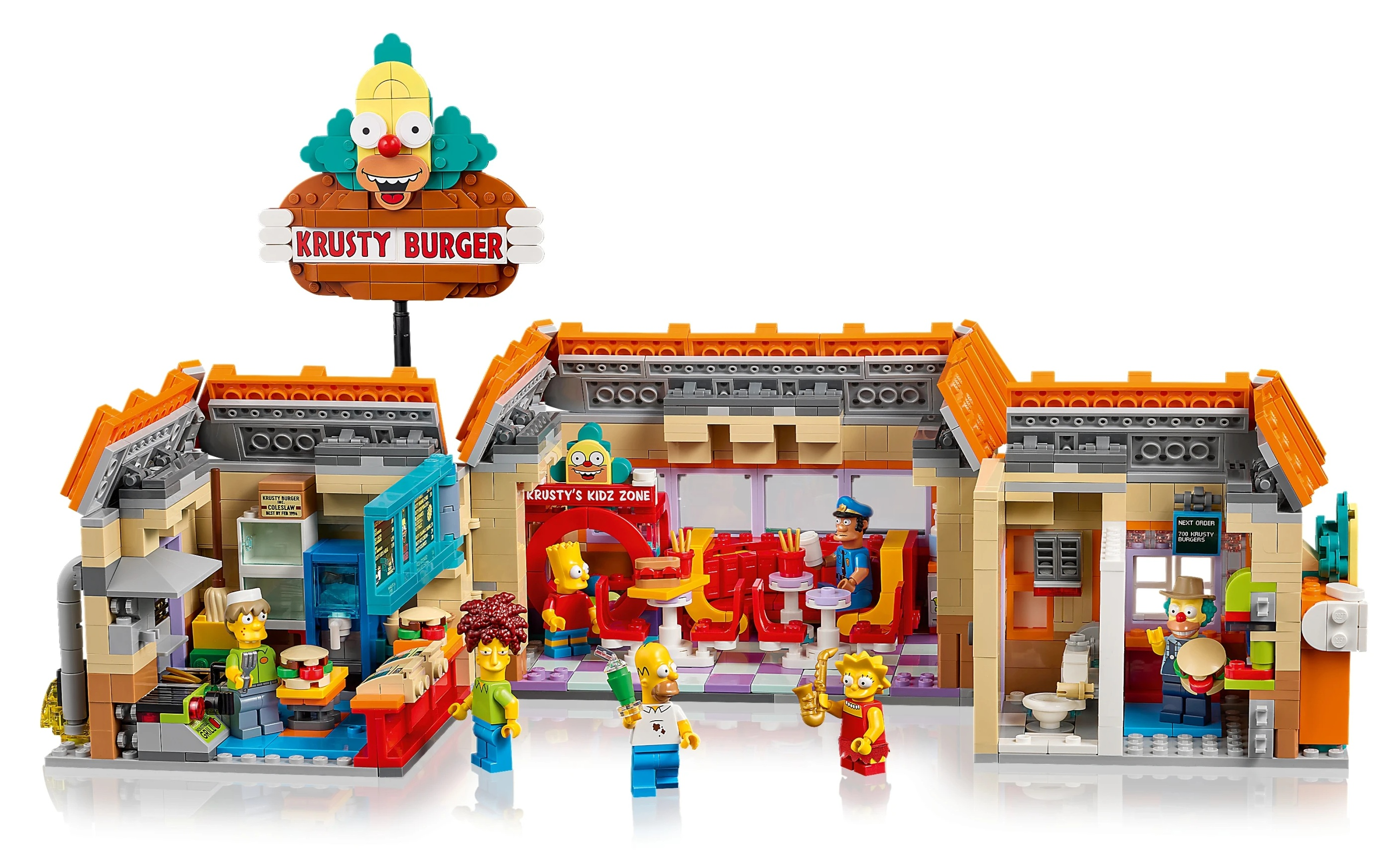 Legoowa rekonstrukcja Krusty Burger z postaciami jak Homer i Bart Simpson.