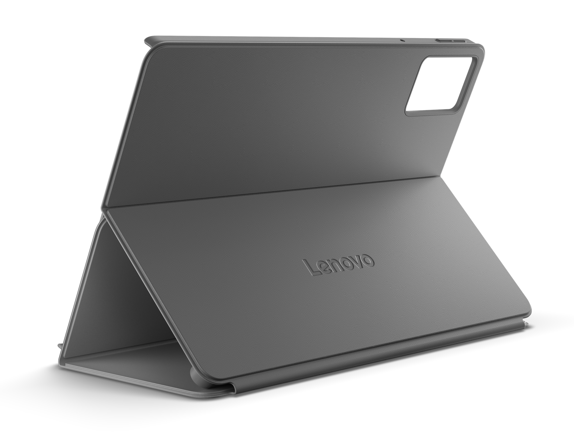 Szara podstawka pod tablet Lenovo z wycięciem na aparat, na czarnym tle.