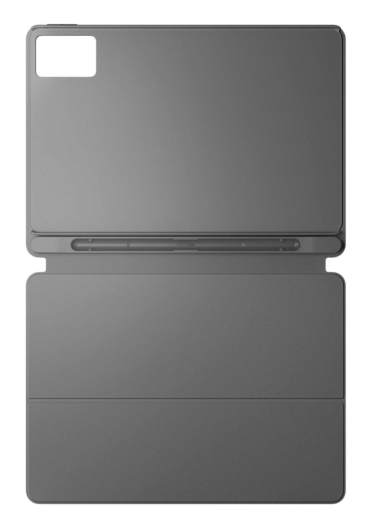Szary tablet z osłoną klawiatury i uchwytem na rysik. Wycięcie kamery z tyłu.