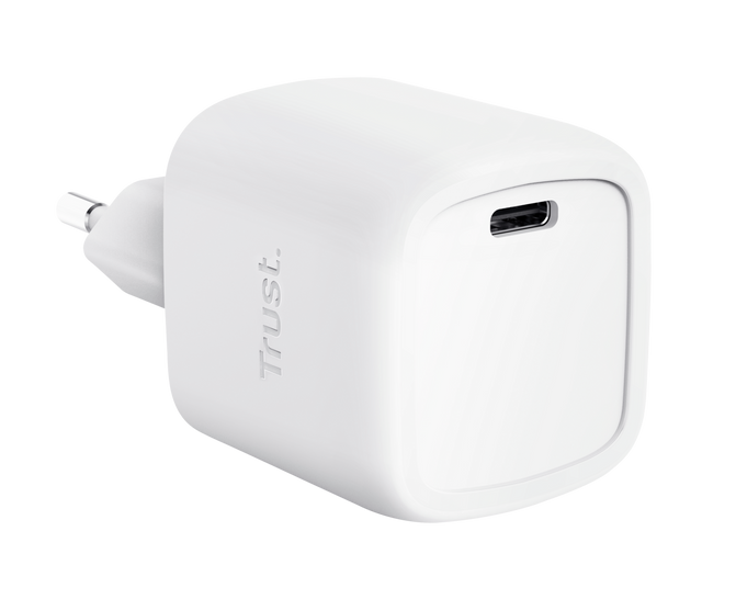 Biały adapter zasilający USB-C z wtyczką po lewej stronie.