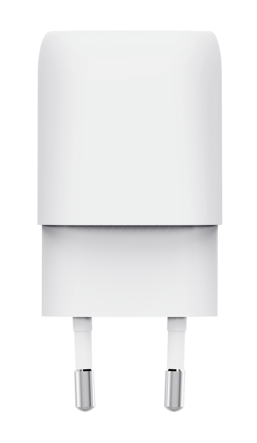 Biały adapter zasilający z dwoma metalowymi bolcami.