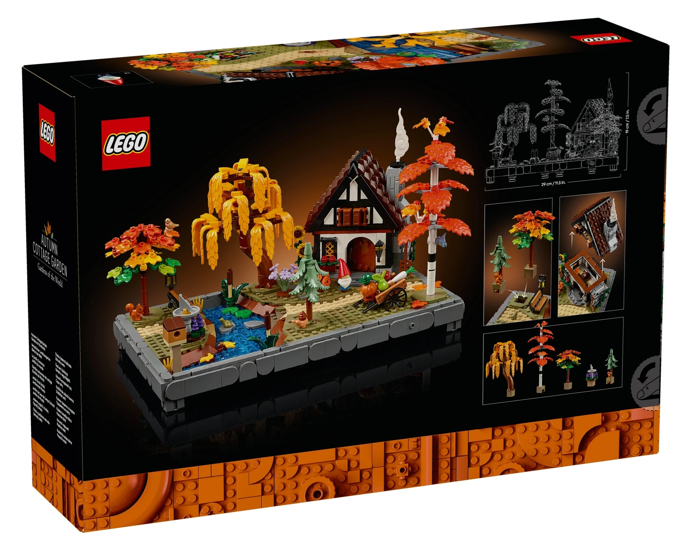 Model Lego jesiennego ogrodu z domkiem, stawem i drzewami.