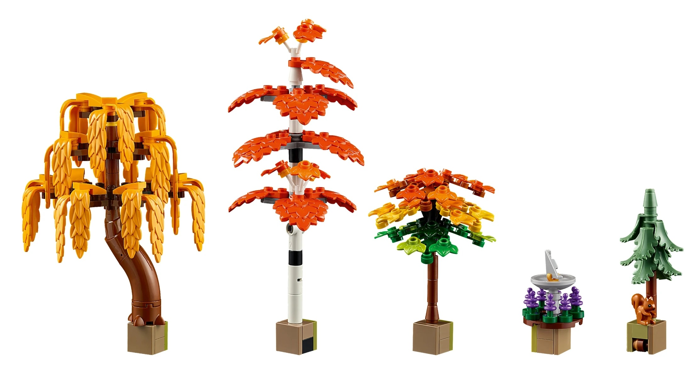 Drzewka Lego: Wierzba, drzewo jesienne, kolorowe drzewo, zegar słoneczny, jodła z wiewiórką.