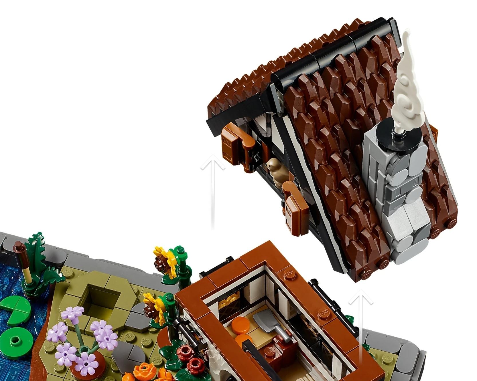 Konstrukcja Lego z dachem domu, z którego unosi się dym z komina.
