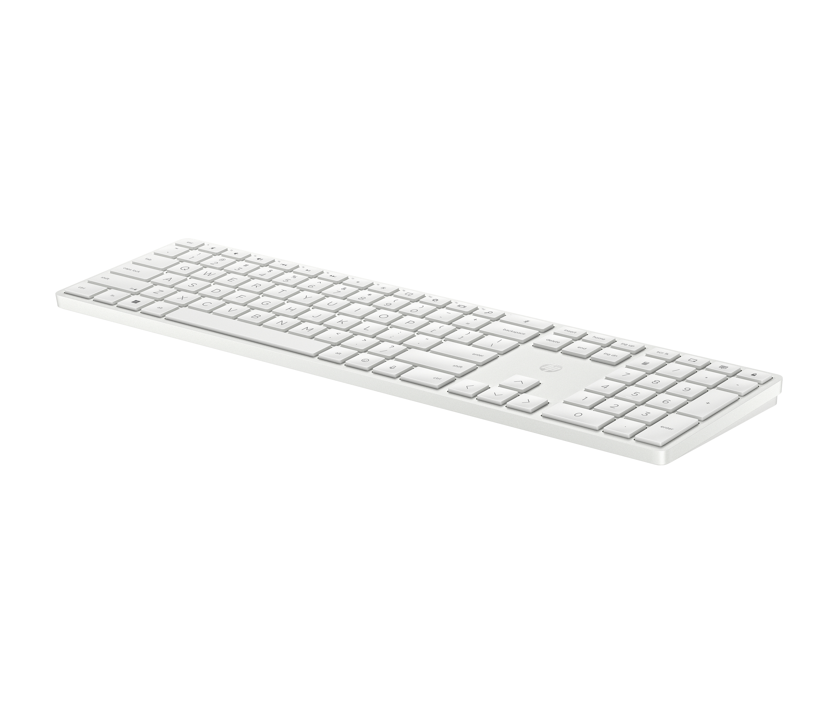 Ein weißes kabelloses Tastatur-Layout mit Nummernblock, isoliert auf weißem Hintergrund.