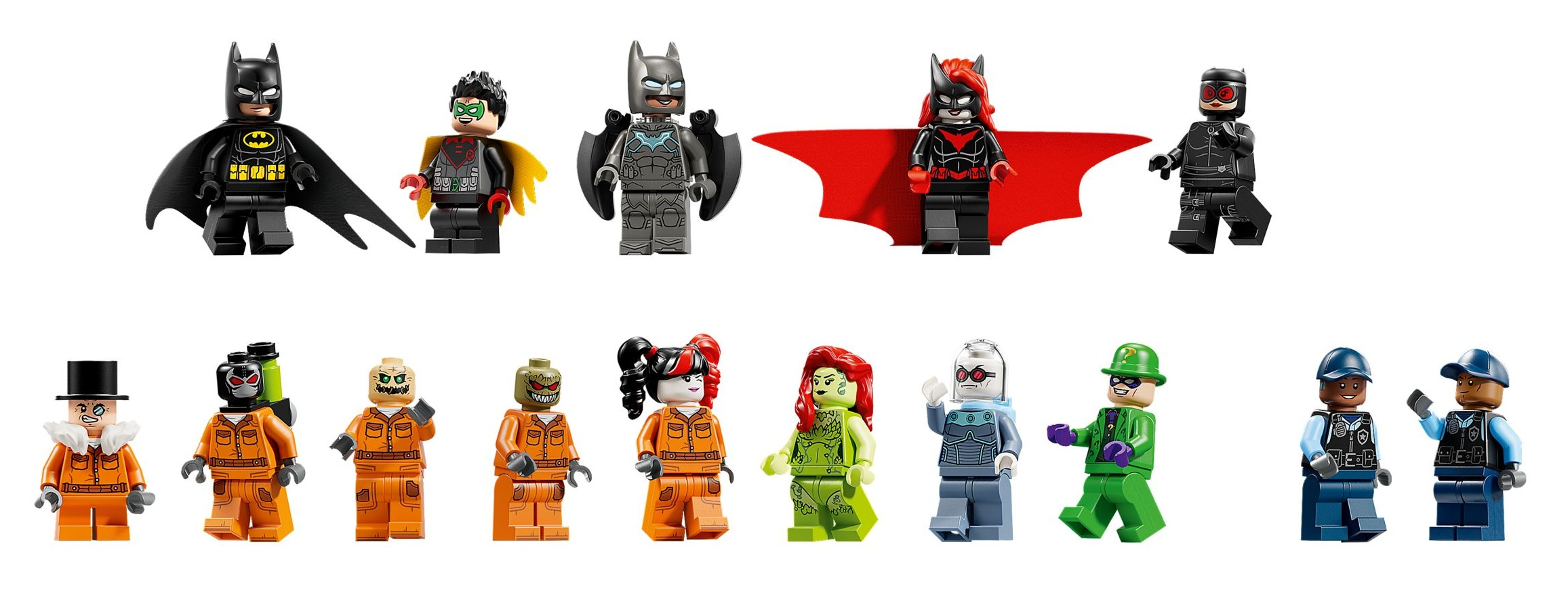 Figurki Lego: Batman, Robin, Batgirl, Kobieta-Kot, Bane, Człowiek-Zagadka, Poison Ivy, Mr. Freeze, Harley Quinn, Strach na wróble.