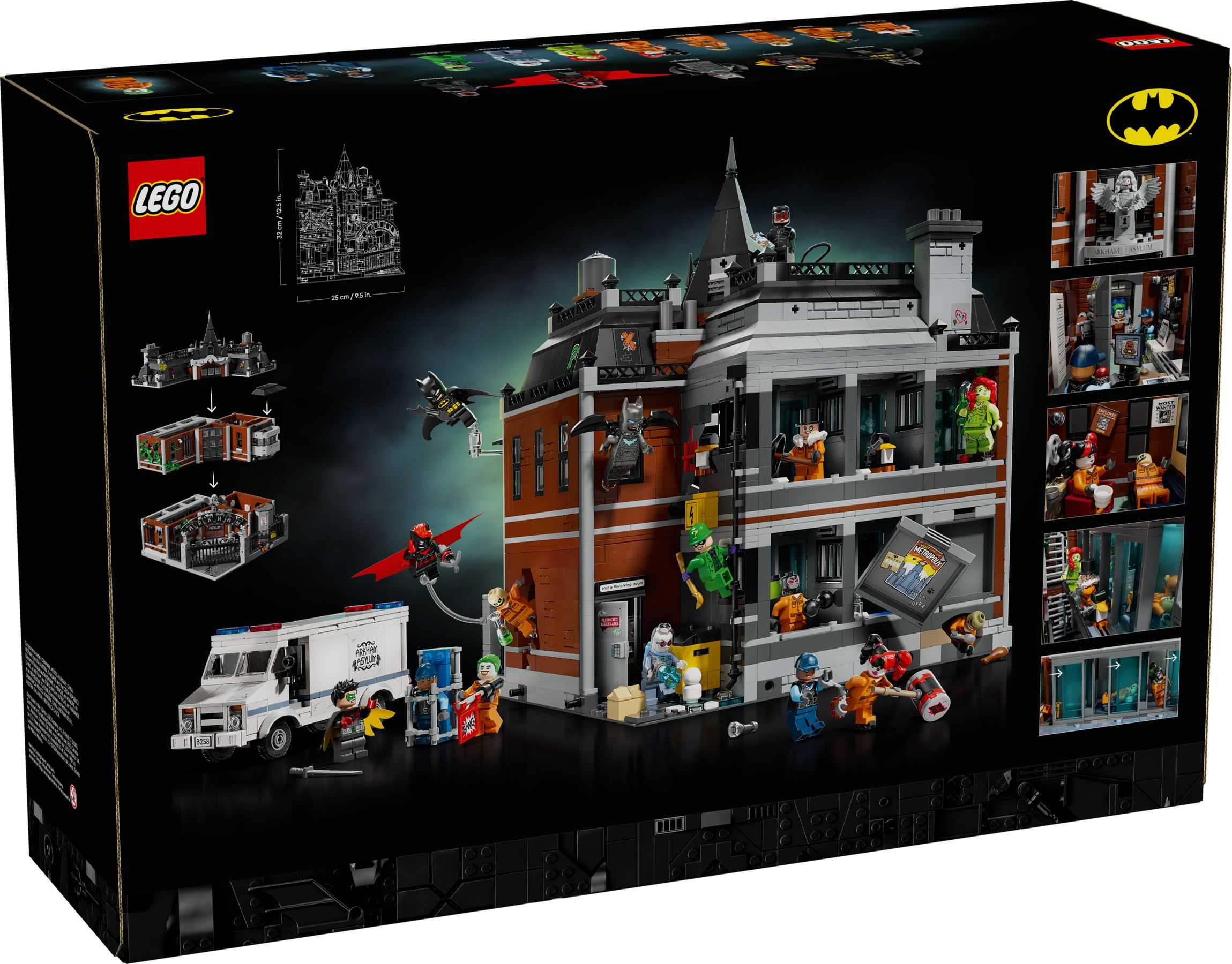Lego Arkham Asylum z figurkami Batmana, furgonetką i wieloma detalami.