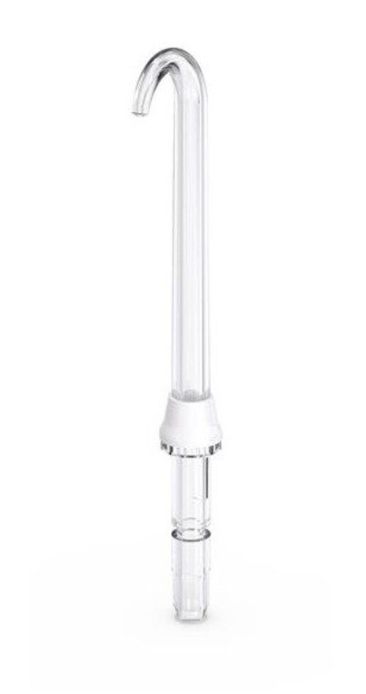 Przezroczysta, zakrzywiona rurka z białym łącznikiem.