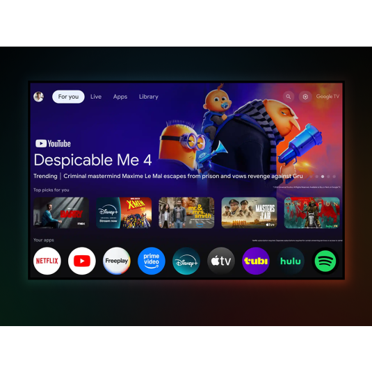 Ekran telewizora wyświetla aplikację Despicable Me 4 z postaciami i ikonami.