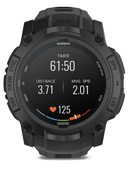 Czarny zegarek Garmin pokazuje timer 61:50, dystans 3.71, prędkość 2.01, tętno 125.