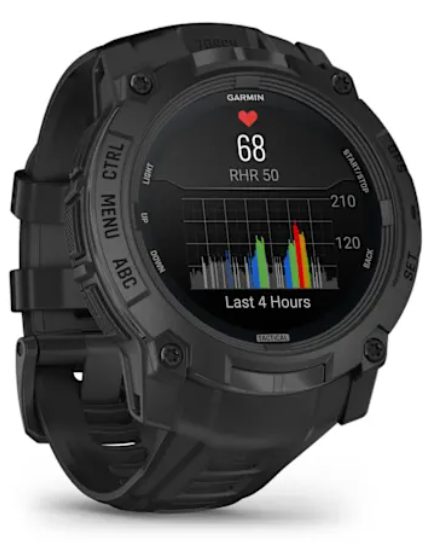 Czarny smartwatch Garmin z wykresem tętna i liczbami.