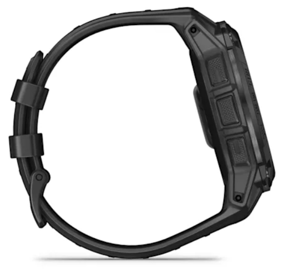 Czarny profil smartwatch z przyciskami po bokach.