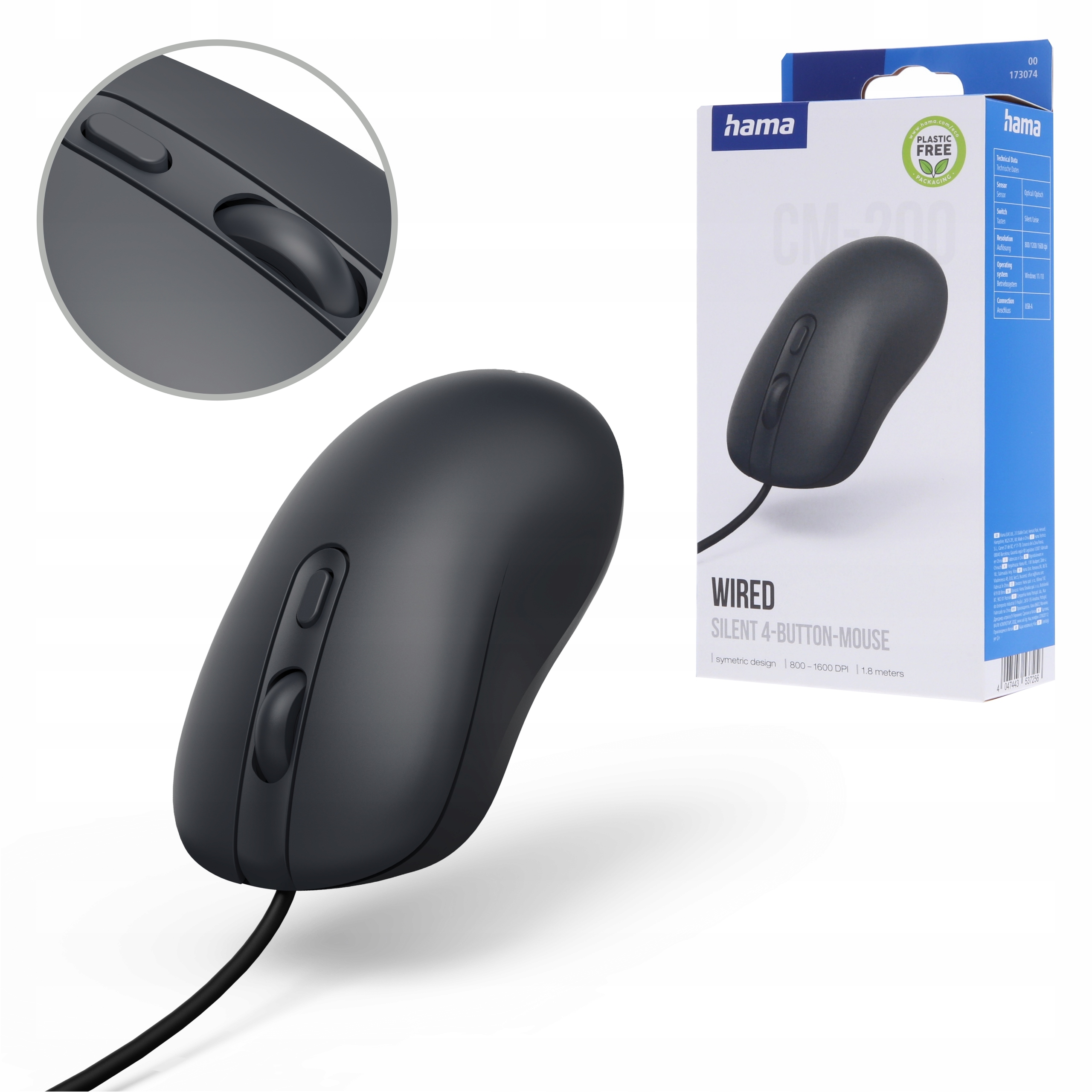 Czarna mysz przewodowa Hama z kółkiem i dwoma przyciskami na białym tle.