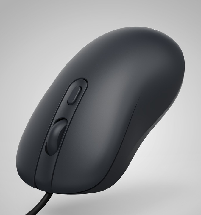 Czarna mysz komputerowa z kółkiem i dwoma przyciskami.