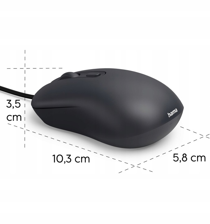 Czarna mysz Hama o wymiarach 10,3x5,8x3,5 cm.