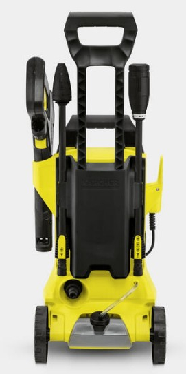 Żółta myjka ciśnieniowa z czarnym uchwytem i akcesoriami na kołach.