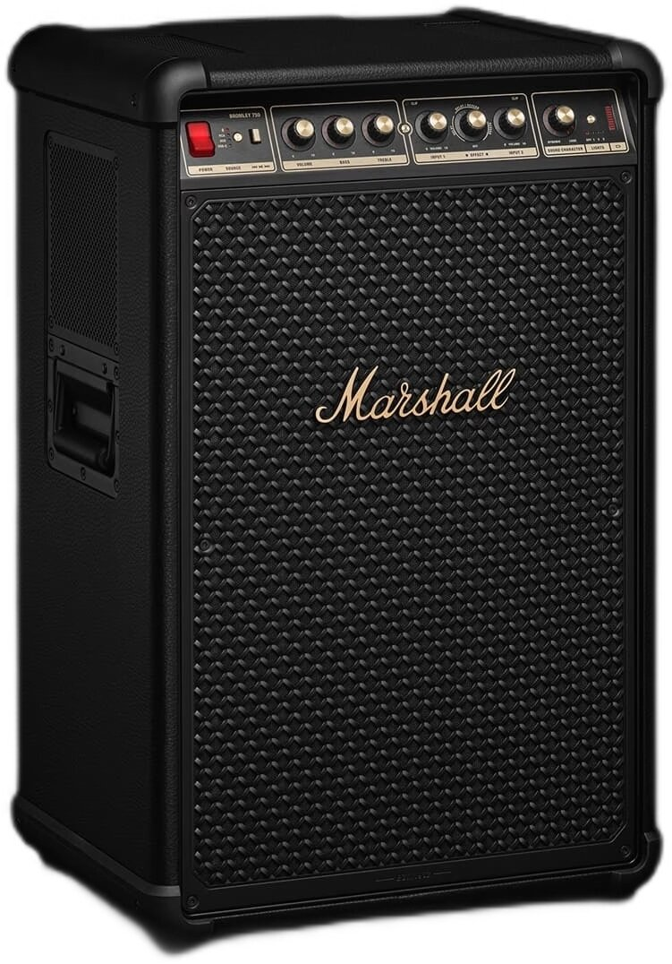 Czarny wzmacniacz Marshall z czarną maskownicą i złotym logo.