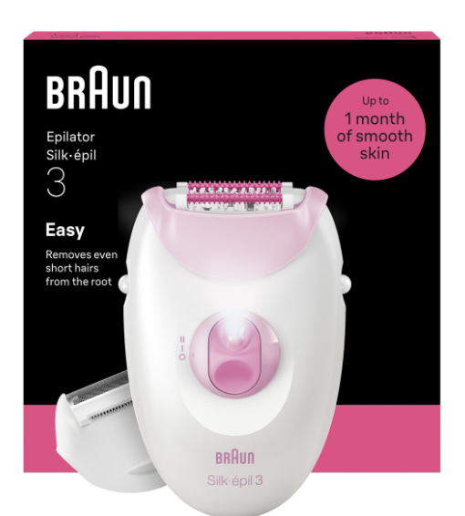 Biały depilator Braun Silk-épil 3 z różowymi akcentami na czarnym tle.