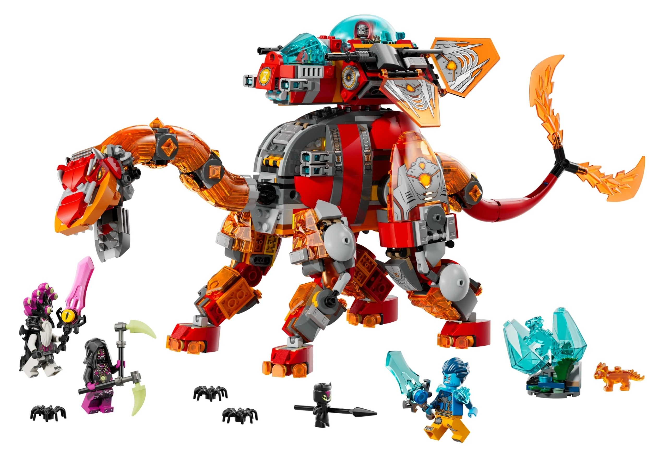 Czerwony robot-smok Lego z pomarańczowymi, półprzezroczystymi częściami, otoczony przez minifigurki i pająki.