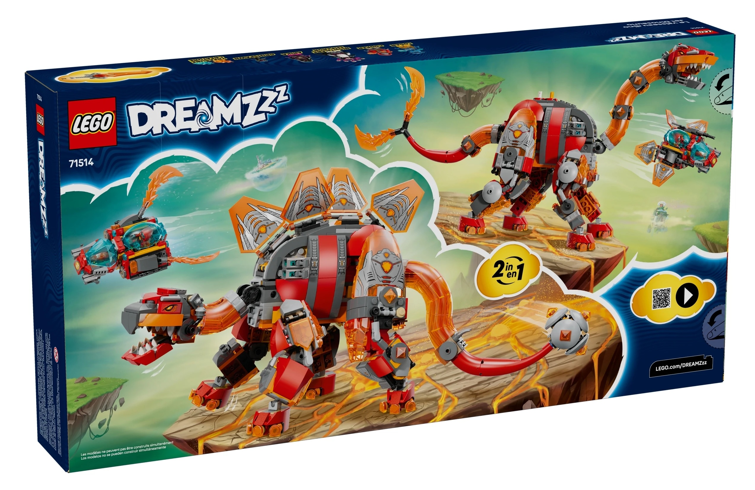 Pudełko LEGO DREAMZZZ z czerwonymi i szarymi robotami dinozaurów i latającymi pojazdami.