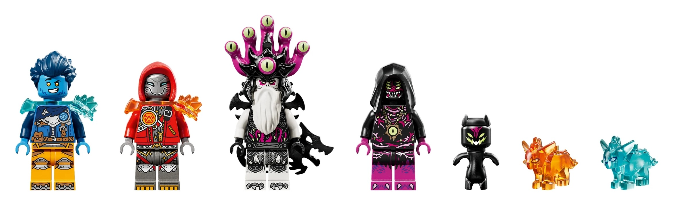 Siedem figurek Lego i dwa stworzenia w różnych kolorach.