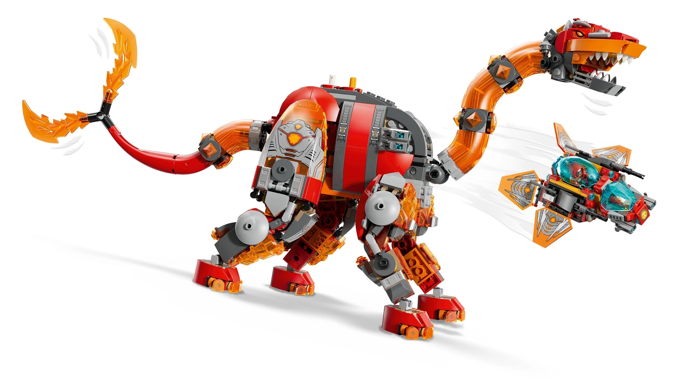 Czerwony robot-dinozaur z klocków Lego z pomarańczową głową i ogonem obok małego statku kosmicznego.