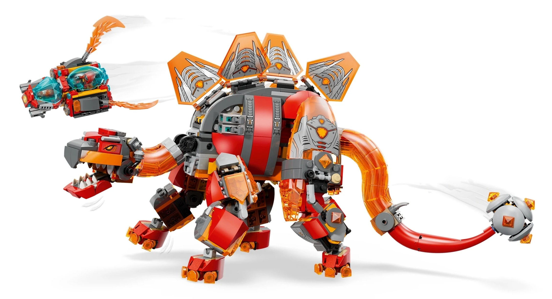 Czerwono-szary dinozaur z klocków Lego z pomarańczowymi płetwami i kulistym ogonem.