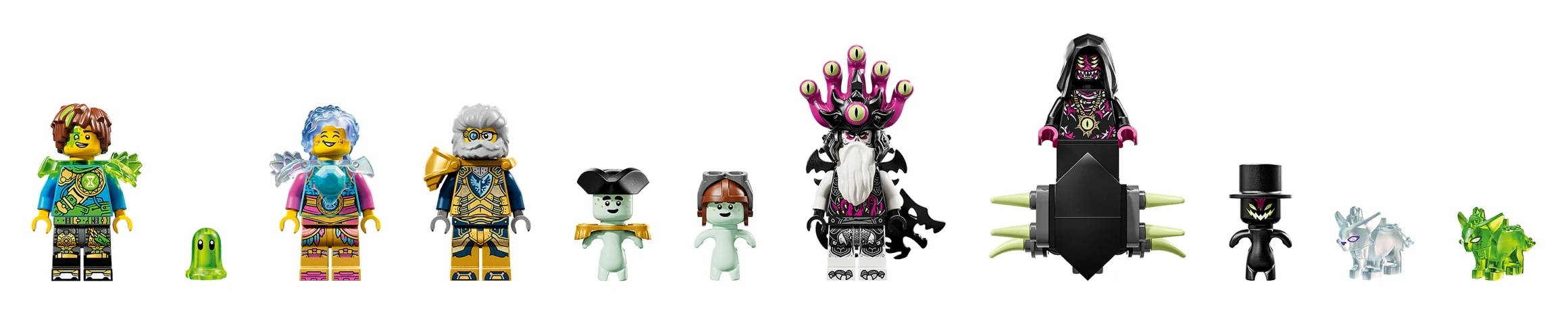 Figurki Lego: zielona postać, duch, niebieska postać, złota postać, dwa duchy, fioletowa postać, czarna postać, czarny obiekt, dwa stworzenia.
