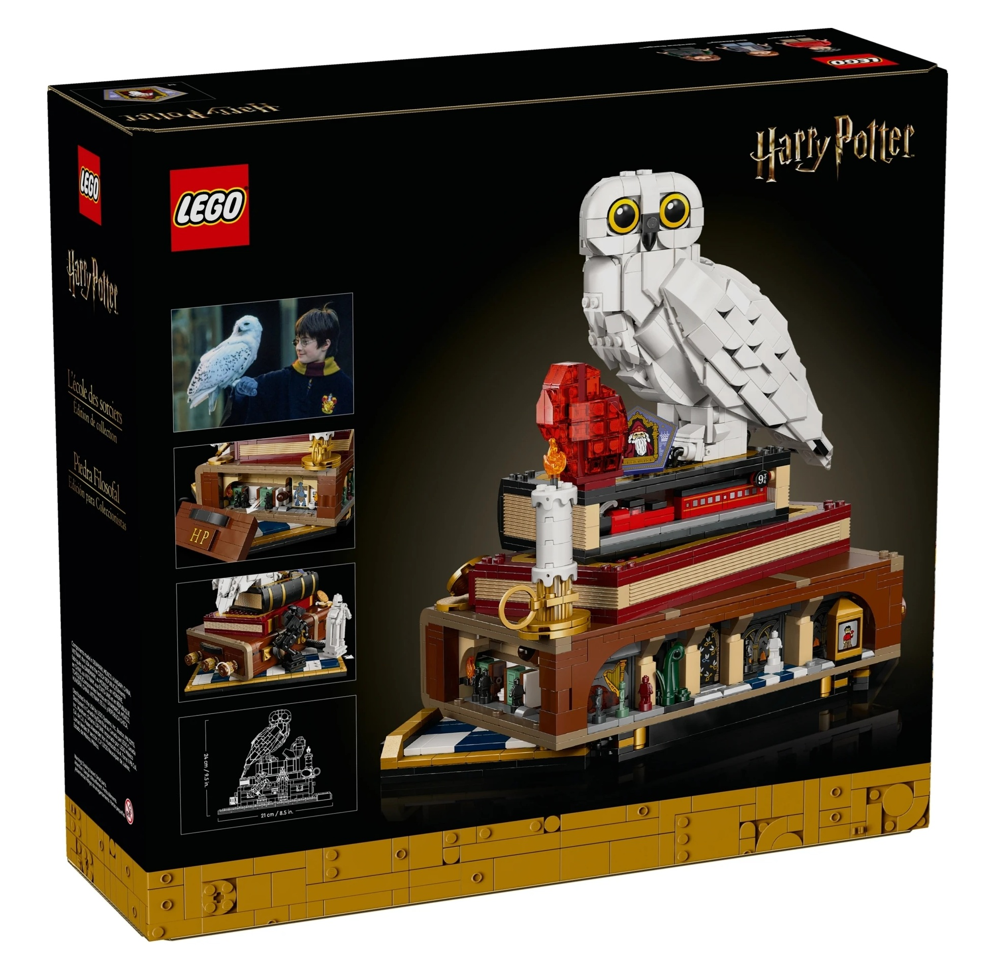 Zestaw LEGO Harry Potter z białą sową na książkach, szczegółowy.