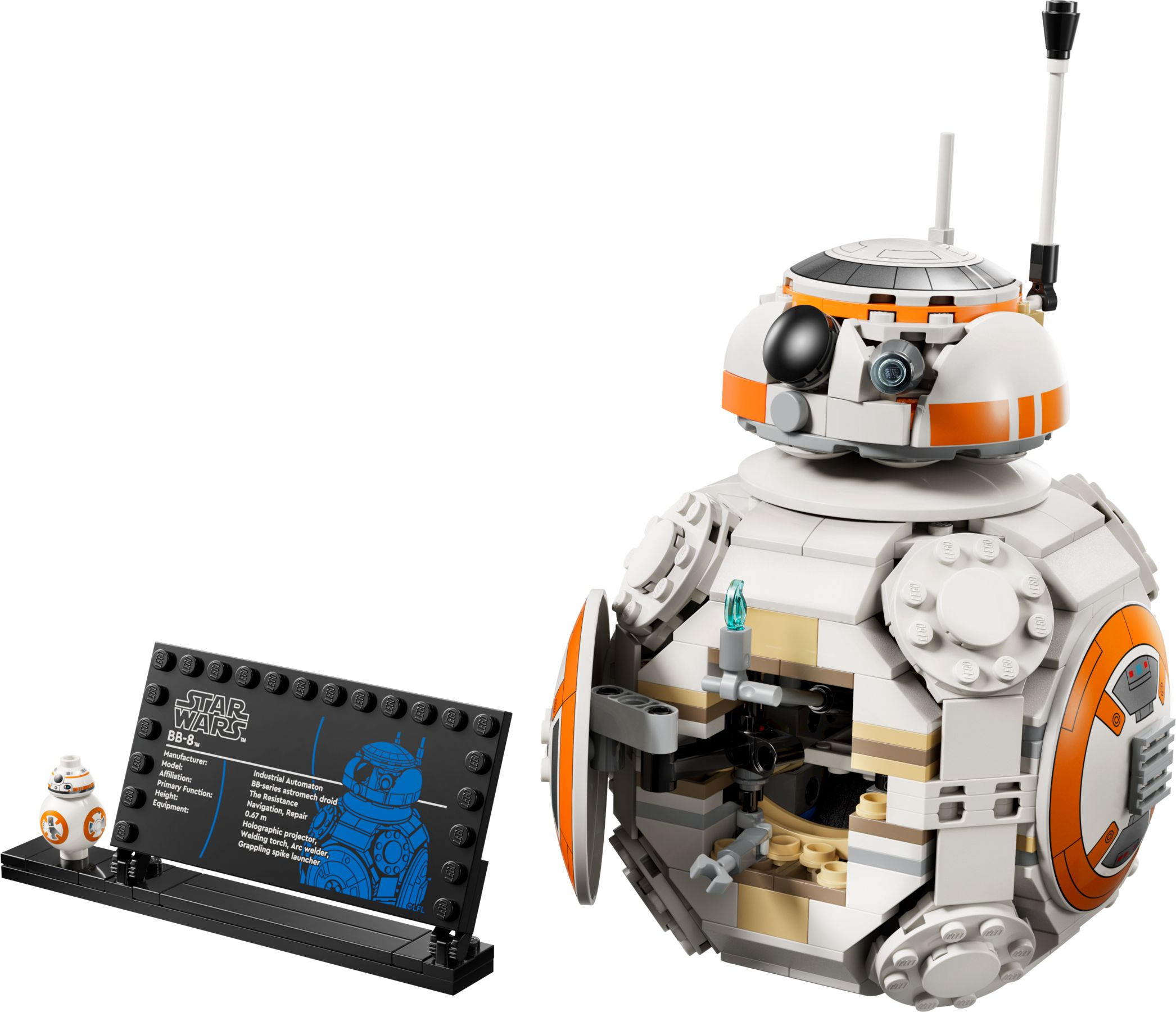 Model LEGO BB-8 z wyświetlaczem informacyjnym i małą figurką.