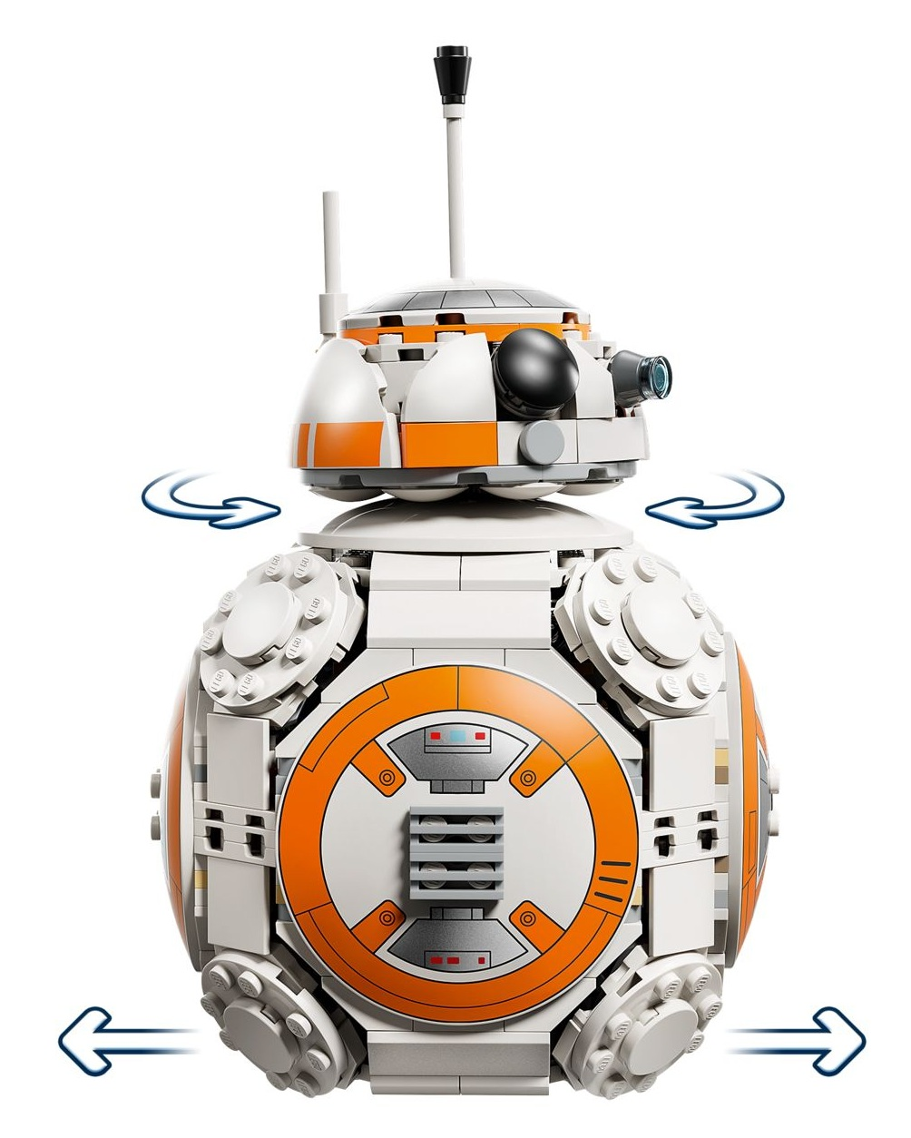Model Lego robota BB-8 z pomarańczowymi i białymi elementami.