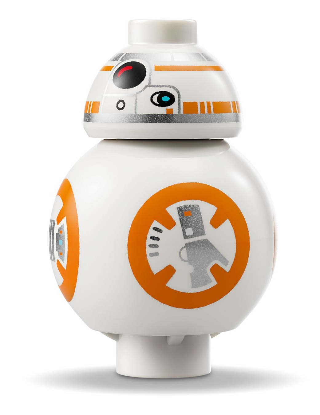 Biały droid Lego BB-8 z pomarańczowymi i srebrnymi detalami.