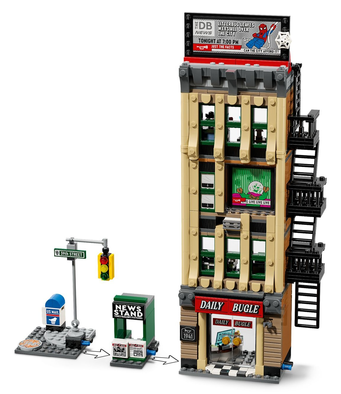 Budynek LEGO Daily Bugle z znakiem ulicznym, sygnalizacją świetlną, skrzynką pocztową i kioskiem.