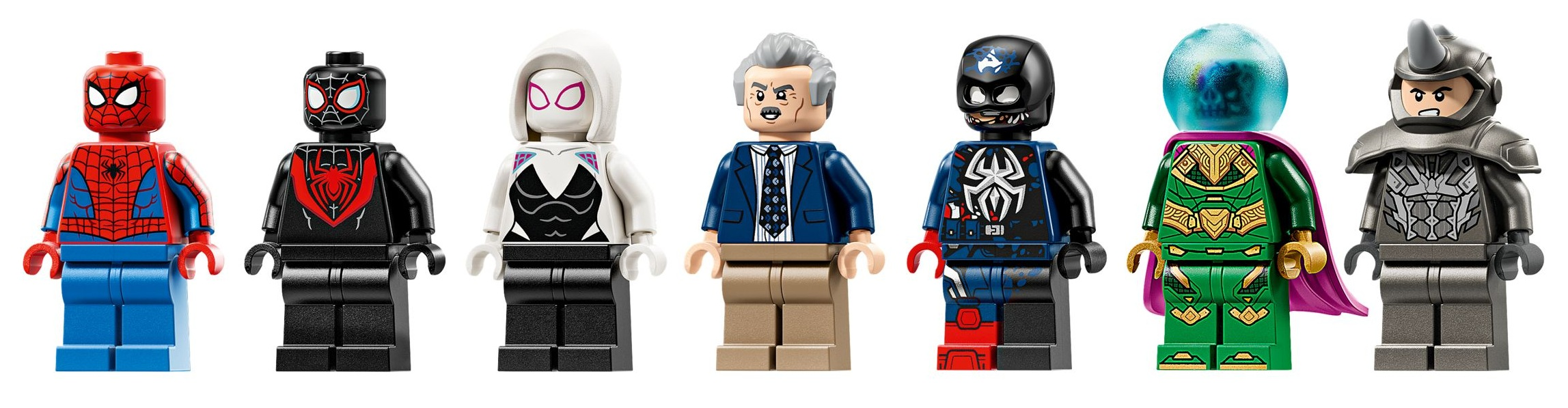 Sześć minifigurek Lego: Spider-Man, Miles Morales, Spider-Gwen, J. Jonah Jameson, Mysterio, Nosorożec.