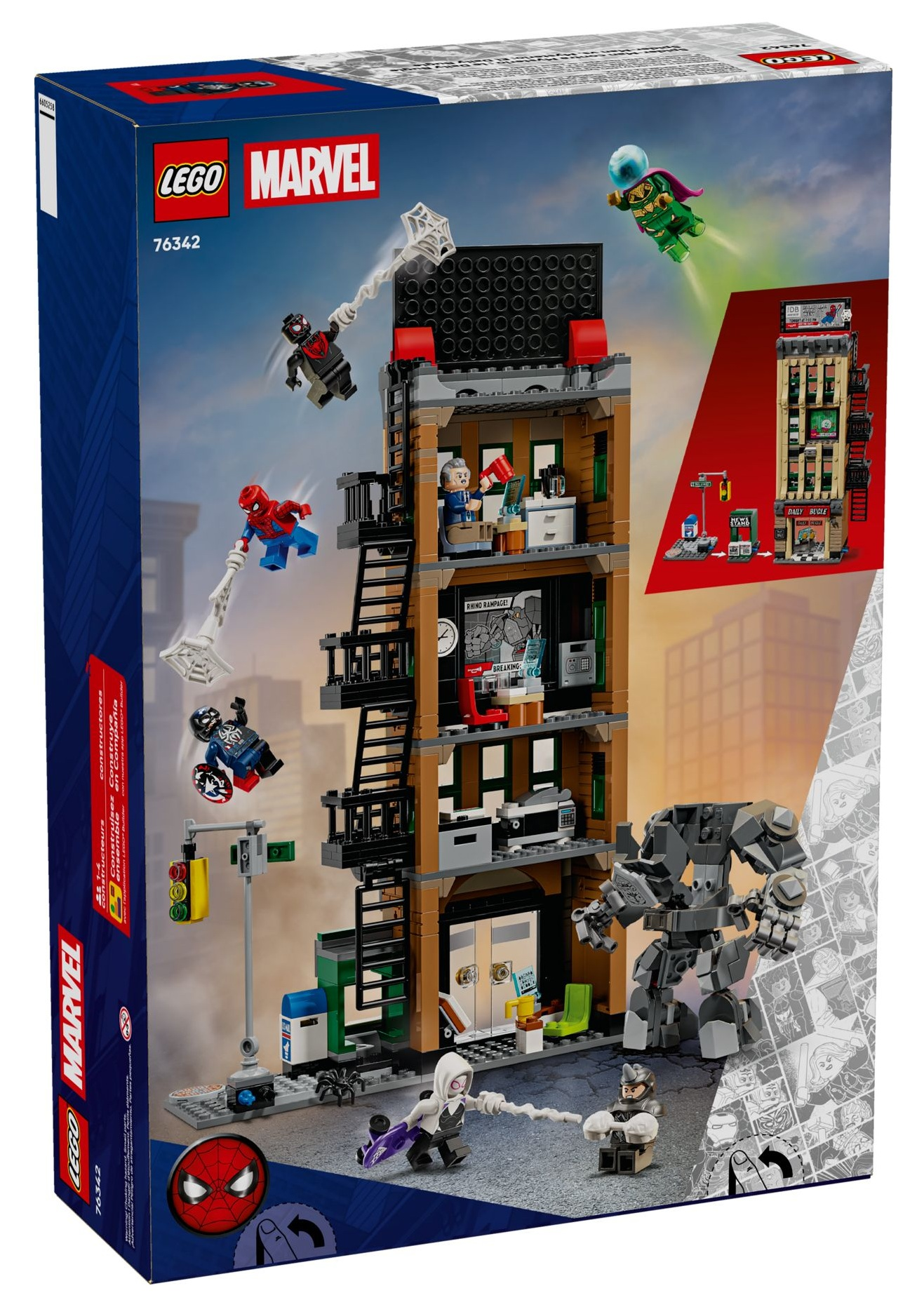 Zestaw LEGO Marvel z figurkami Spider-Mana, budynkiem i mechem.