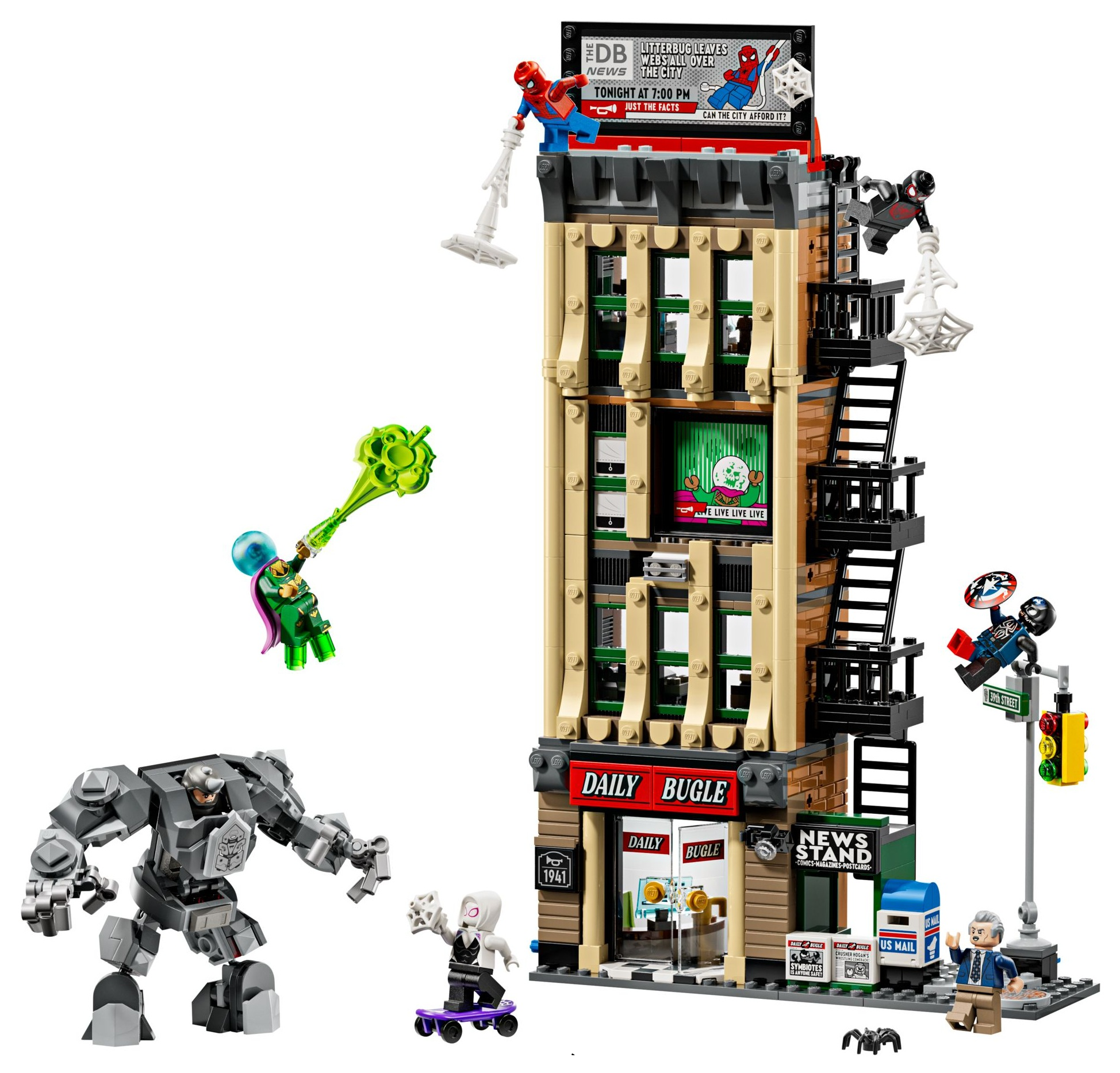 Scena LEGO: Budynek Daily Bugle z postaciami Spidermana, robotem i złoczyńcami.