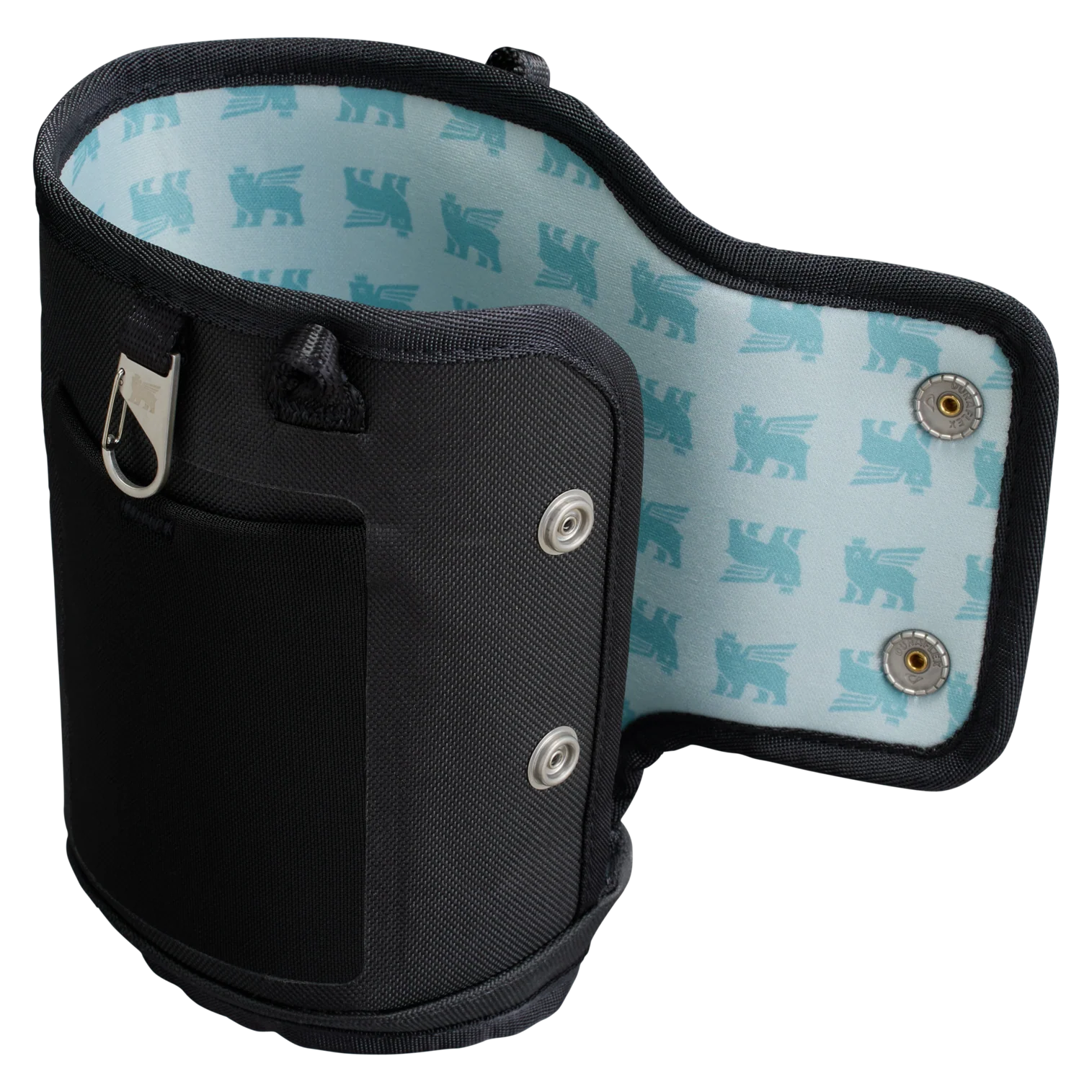 Kanatlı aslan desenli aç ık mavi iç astarlı siyah çanta.