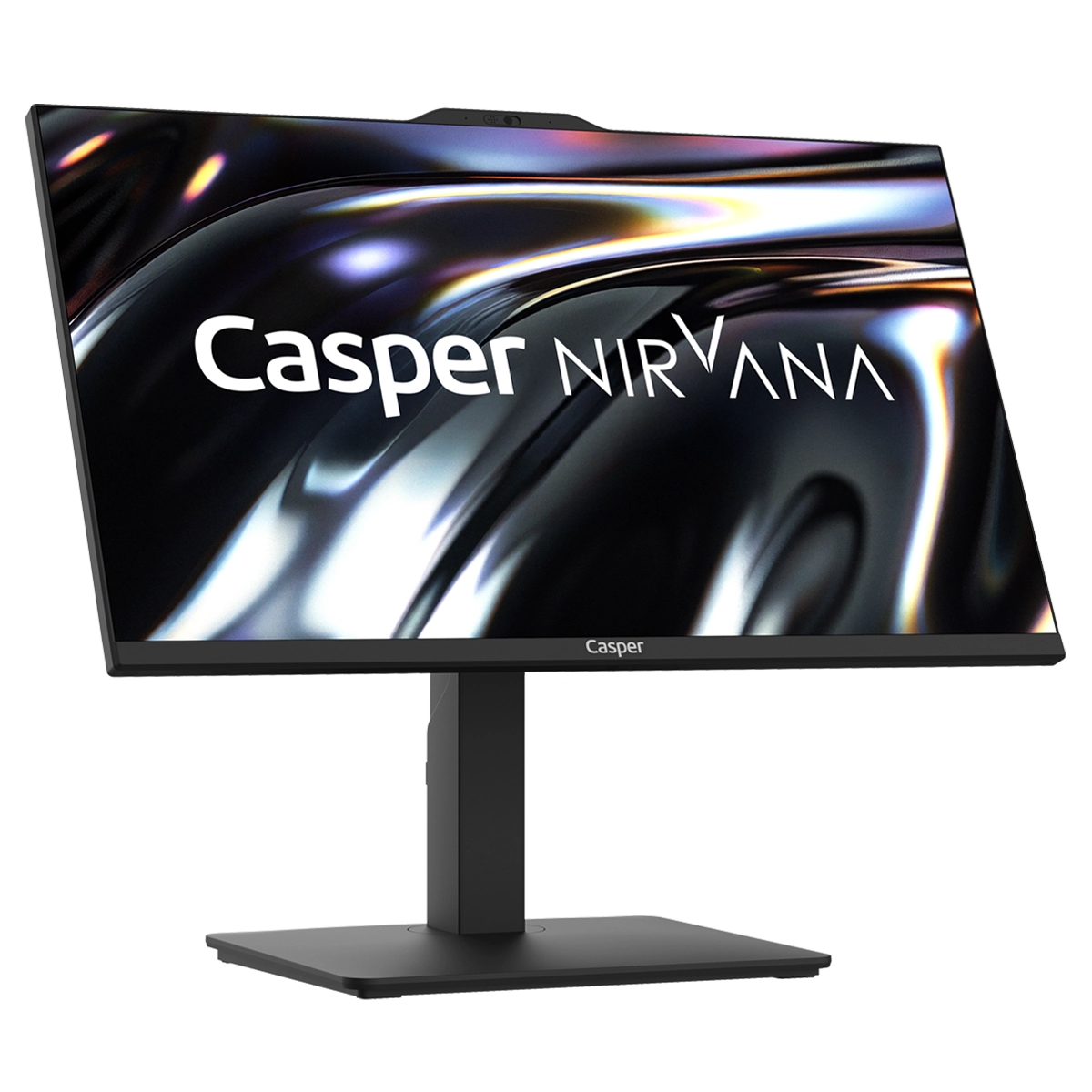 Ekranında "Casper Nirvana" yazan siyah bir monitör.