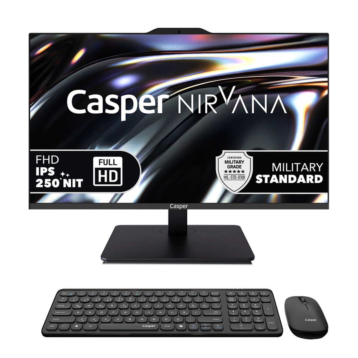 Siyah arka plan üzerinde klavye ve fare bulunan siyah Casper Nirvana monitör.