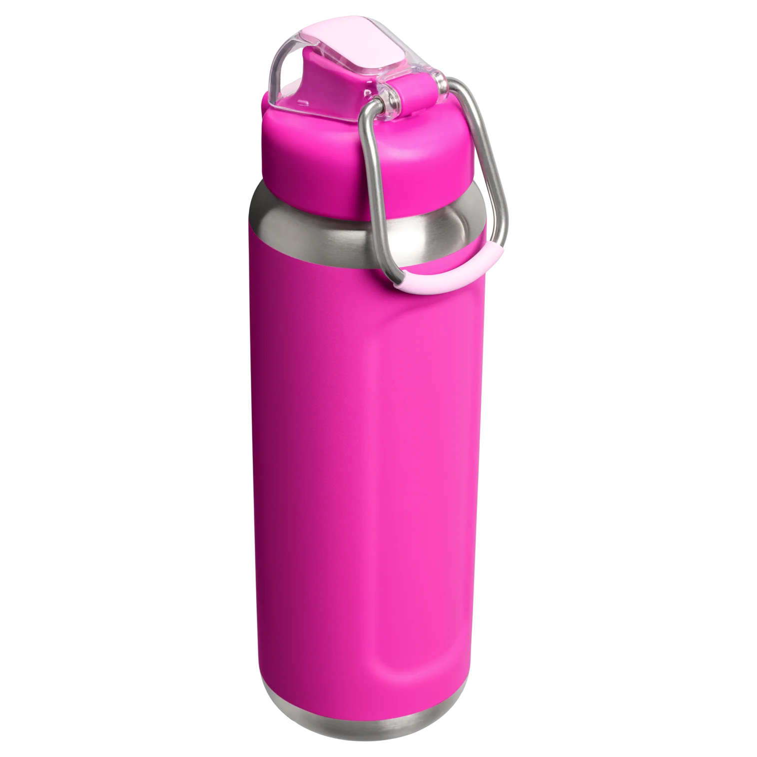 Gümüş saplı ve şeffaf kapaklı pembe metal su şişesi.