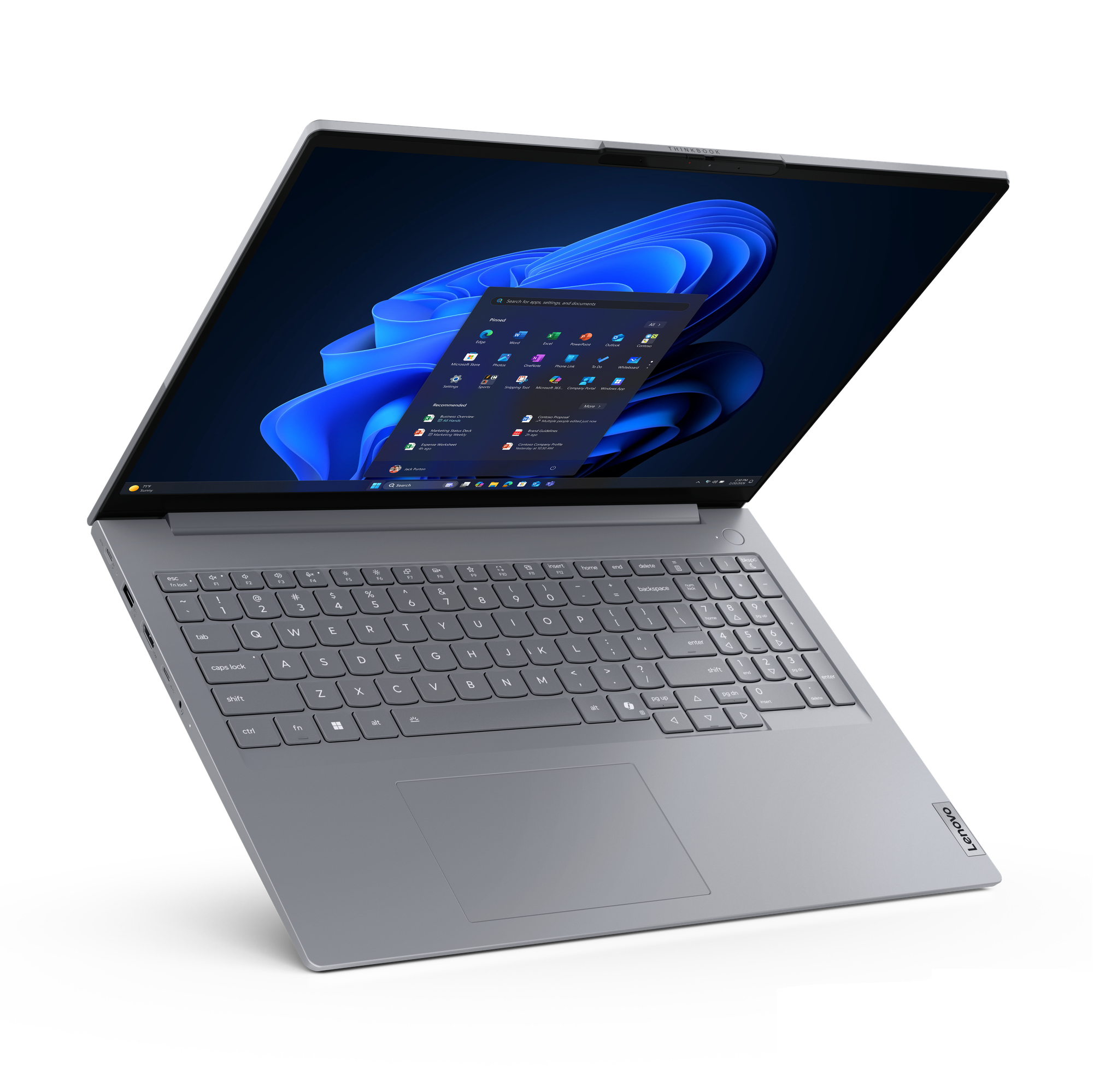 Ein silberner Laptop mit eingeschaltetem Bildschirm, der Windows 11 zeigt.