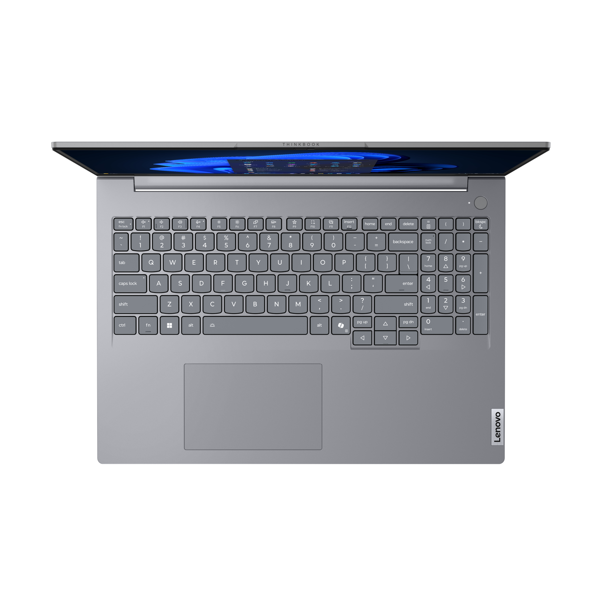 Ein offenes silbernes Lenovo ThinkBook Laptop mit Tastatur und Touchpad.