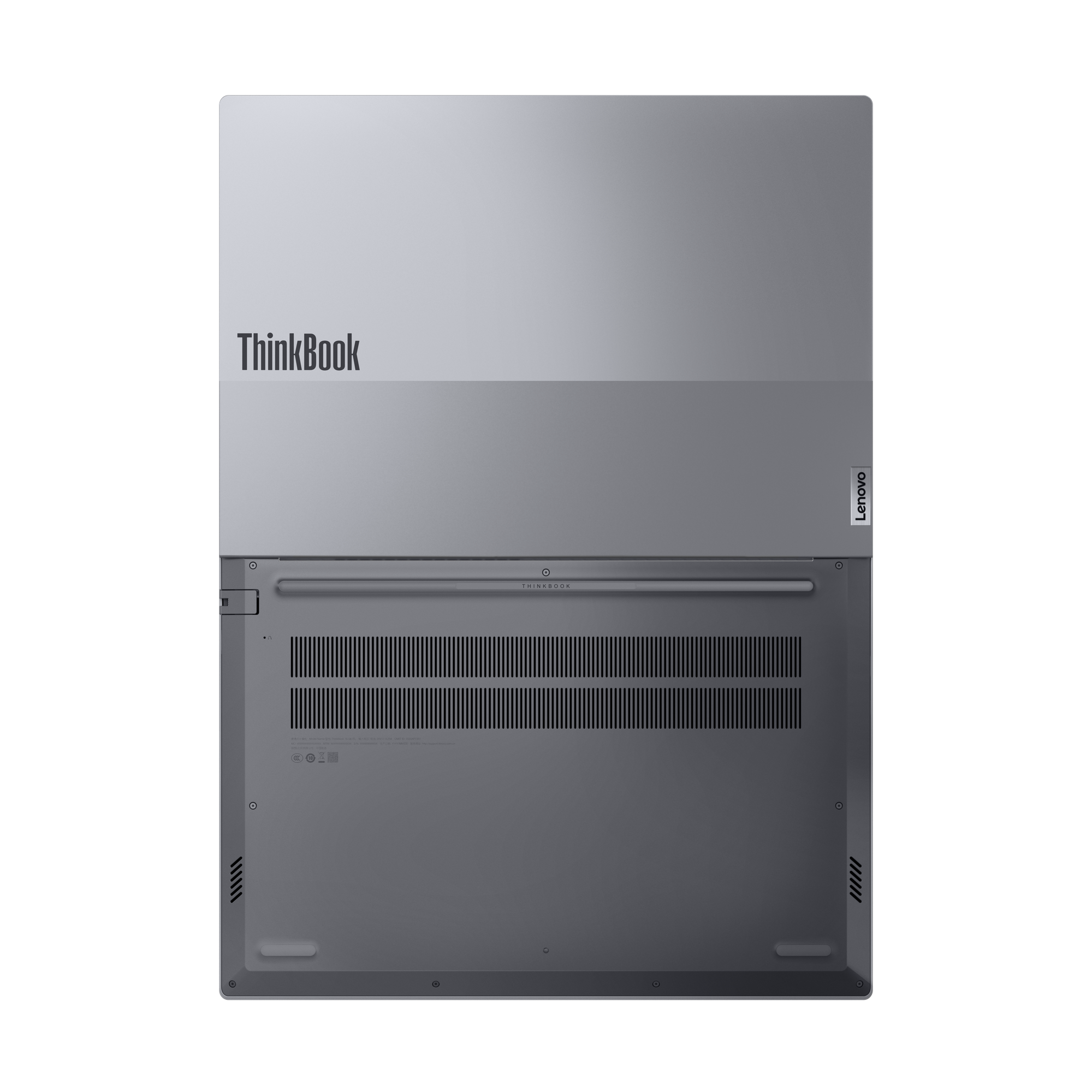 Geschlossener silberner Laptop mit ThinkBook-Logo oben und Lüftungsschlitzen unten.