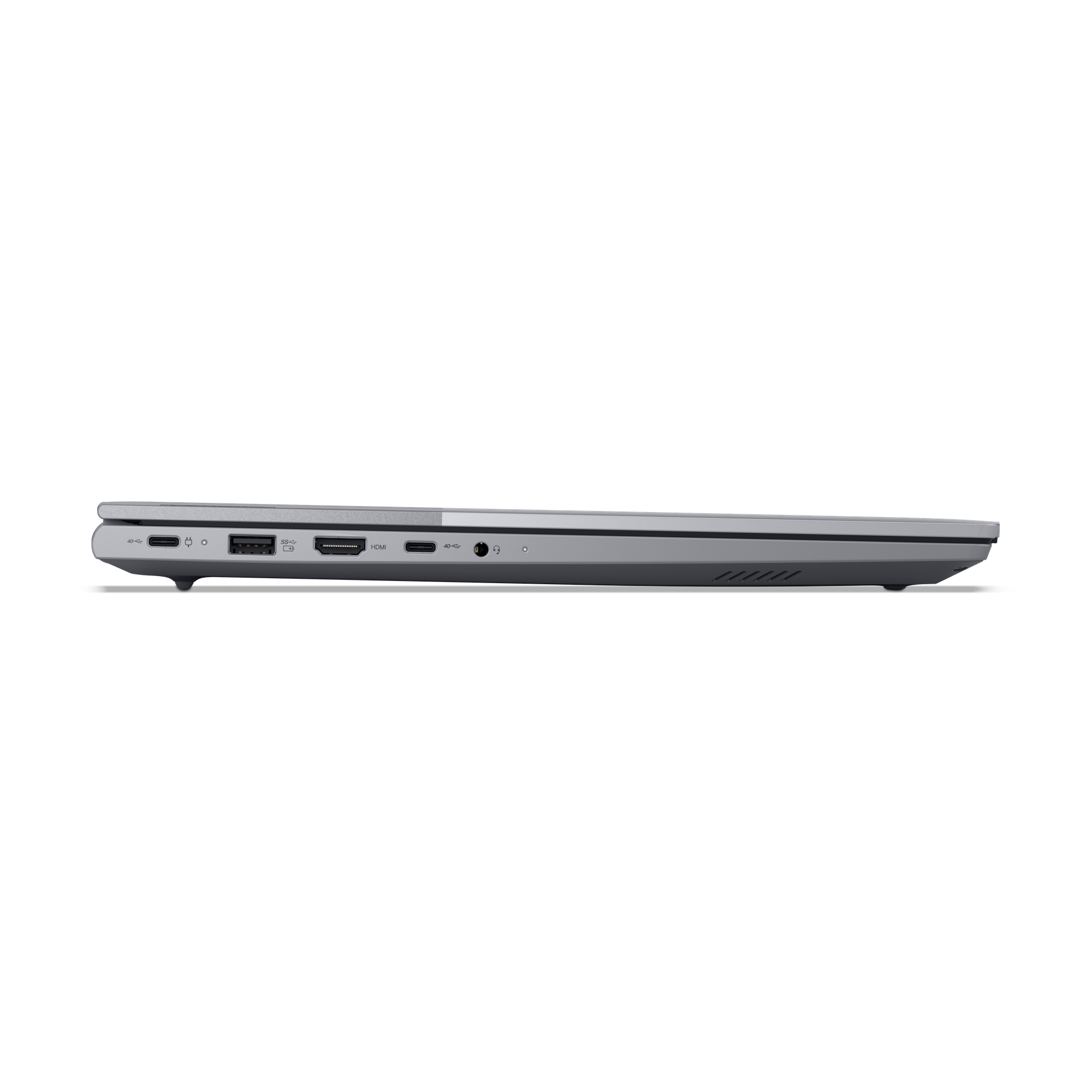 Seitenansicht eines grauen Laptops mit verschiedenen Anschlüssen.