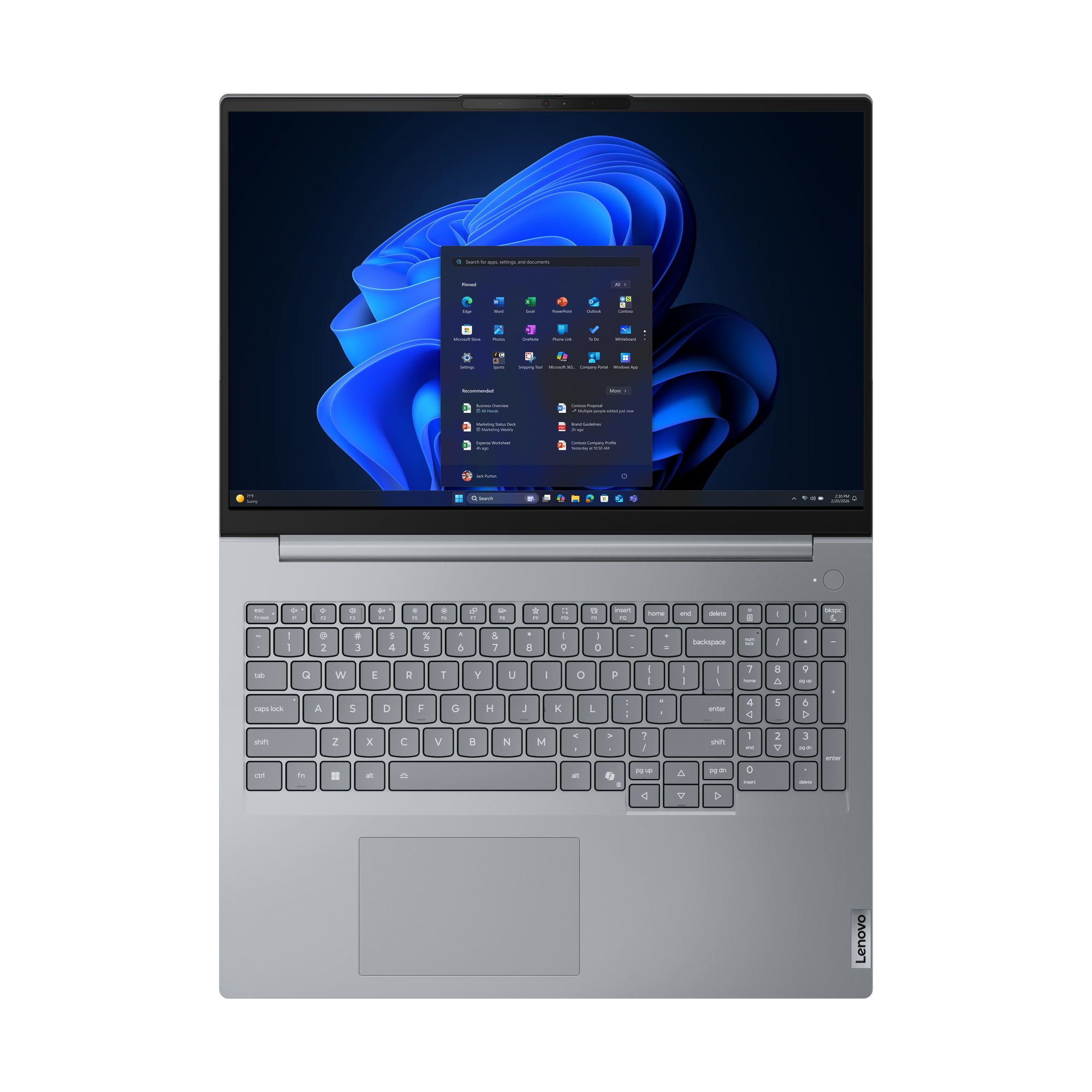Ein graues Lenovo-Laptop mit geöffnetem Windows 11-Startmenü und blauer Hintergrundgrafik.