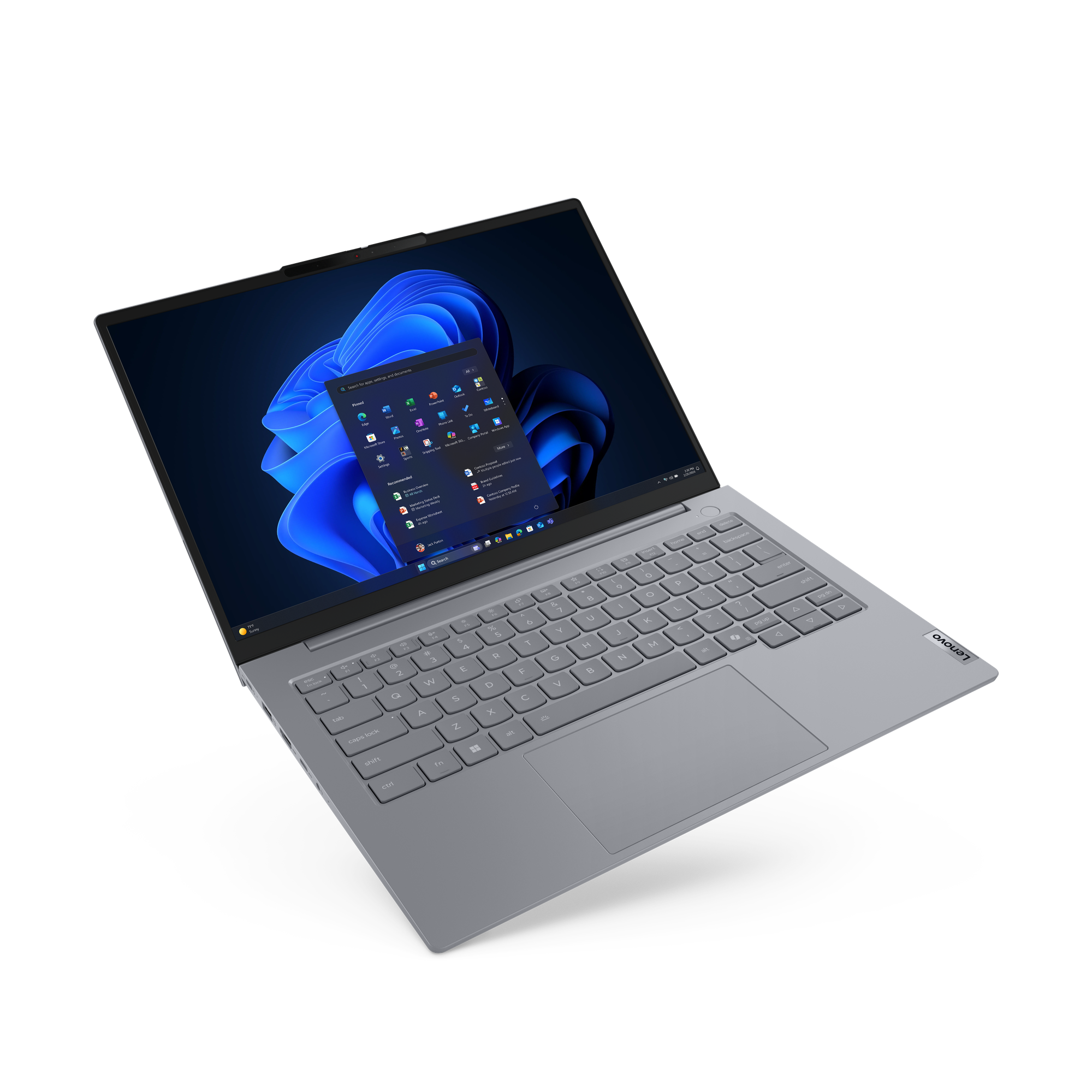 Ein graues Lenovo Laptop mit beleuchteter Tastatur und Windows 11.
