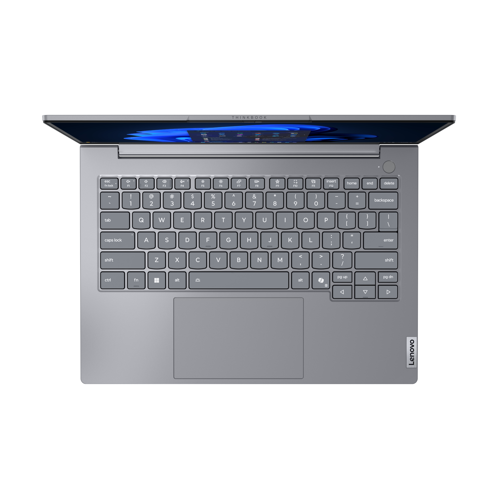 Ein geöffneter grauer Lenovo ThinkBook Laptop mit beleuchtetem Bildschirm auf schwarzem Hintergrund.