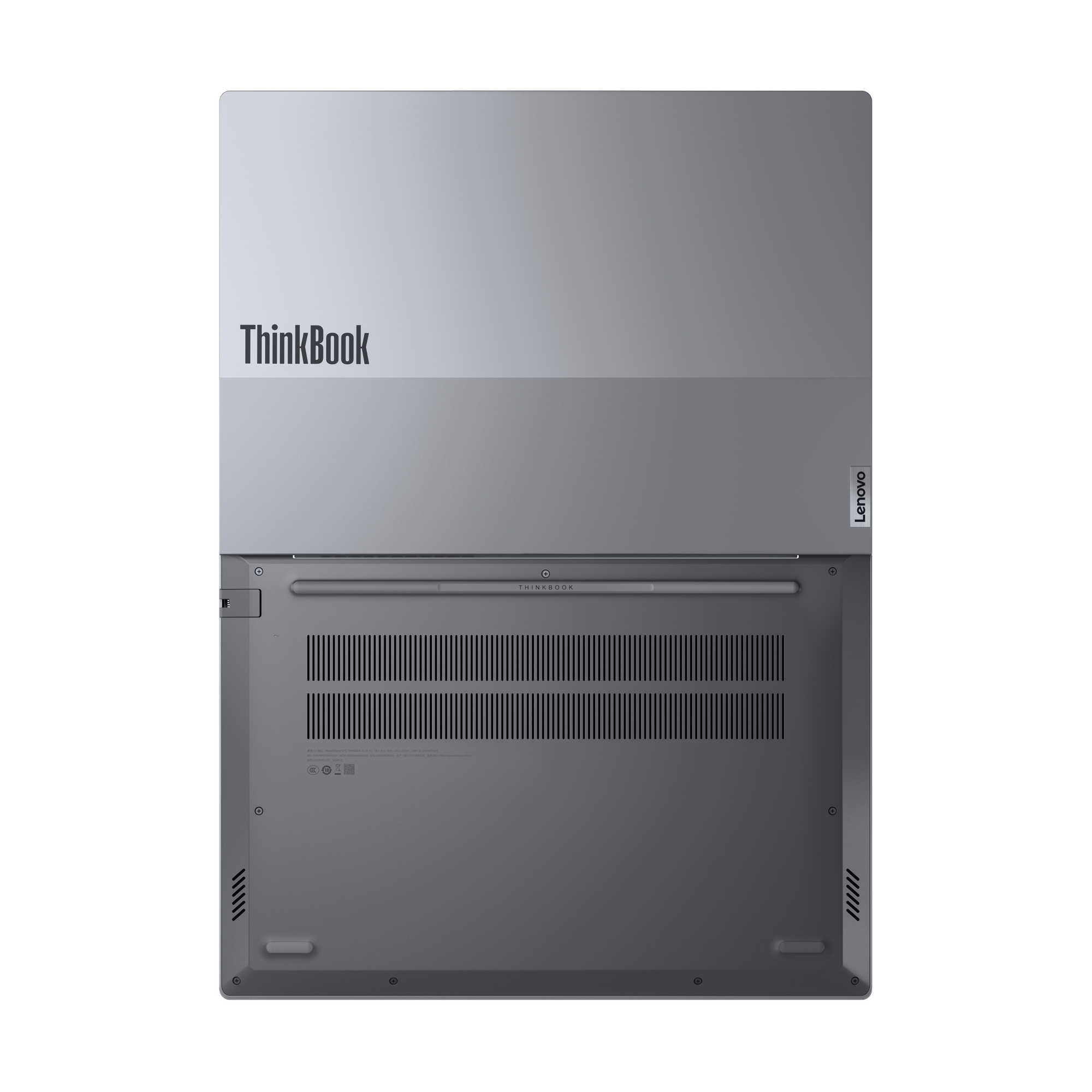 Das untere Gehäuse eines grauen Laptops mit "ThinkBook"-Logo und Lüftungsschlitzen.